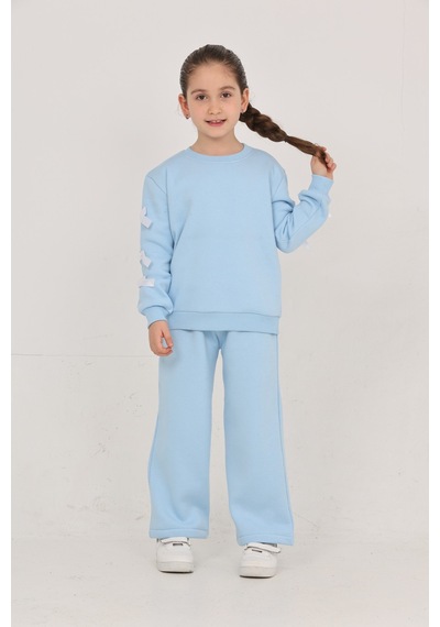 Erdem Kıds Kız Çocuk 3 İplik Şardonlu Kurdele Detaylı Basic Sweatshirt-bol Kesim Palazzo Eşofman Takım Bebe Mavisi Bebe Mavisi