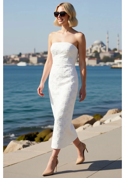 Benerly Kadın Straplez Kolsuz Çiçekli Payet Dokuma Maxi Elbise Bodycon Ke Beyaz