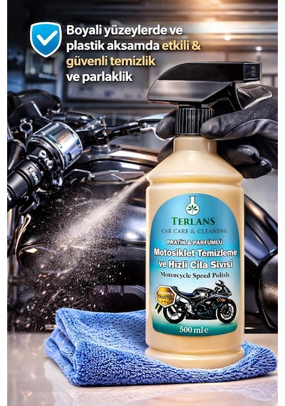 Terlans Motosiklet Temizleyici Parlatıcı Hızlı Cila Boyalı Alan & Plastik Aksam Parfümlü 500 Ml Sprey + Mikrofiber Bez