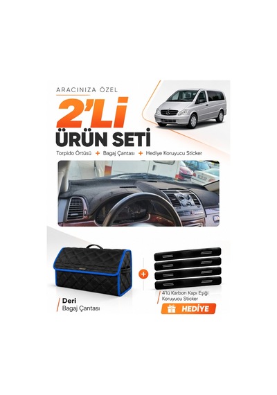Mercedes Vito W639 2003-2014 Uyumlu Torpido Örtüsü + Deri Bagaj Çantası + Sticker - Siyah Mavi