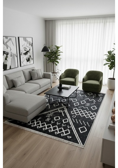 Siyah Geometrik Desen Çift Taraflı Makinede Yıkanabilir Ev İçi & Dış Mekan Uyumlu Günlük Kullanıma Uygun Kilim Renkli