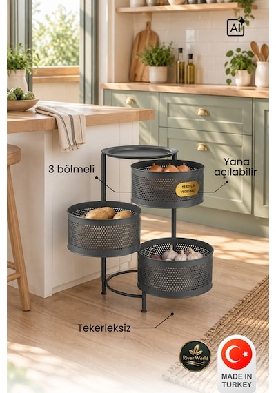 River World Tekerleksiz Rengi Antrasit Açılabilen 3 Katlı Çok Amaçlı Metal Raf Mutfak, Balkon, Kiler Çok Renkli