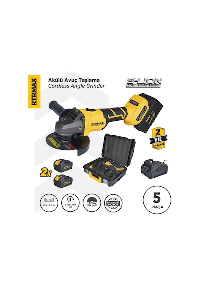Rtrmax RTS5050 Şarjlı Avuç Taşlama Makinası Kömürsüz 125mm 8.500 Rpm 2x4 Ah 20V Çift Akü S-Lion