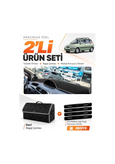 Hyundai Matrix 2001-2010 Uyumlu Torpido Örtüsü + Deri Bagaj Çantası + Sticker Seti - Siyah Gri