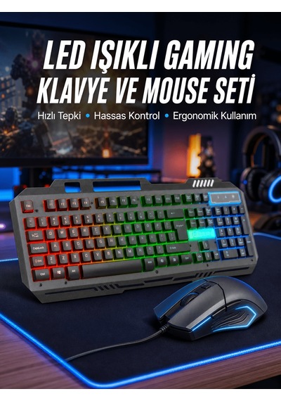 Işıklı Q Klavye Mouse Seti Siyah Gaming Klavye Yeni Nesil