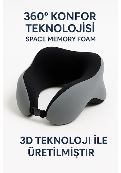 Vıscora Space Memory Foam Ortopedik Boyun Yastığı Seyahat Ve Ofis Kullanımı Gri - Siyah