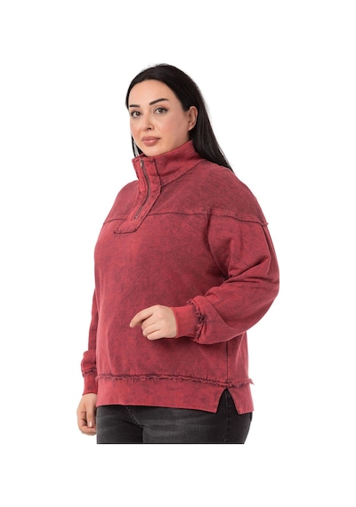 Büyük Beden Pis Dikişli Fermuarlı Yırtmaçlı Parça Boyalı Bordo Sweatshirt-bordo Bordo