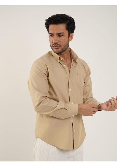 Dufy Camel Erkek Regular Fit Düz Brent Düğmeli Yaka Uzun Kol Gömlek - 102274-camel Camel