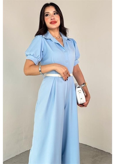Neşeli Butik Kadın Gömlek Yaka Kemerli Geniş Paça Tulum Nbk4197 Mavi