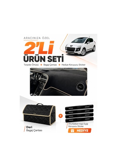 Peugeot 3008 Ekransız 2010-2015 Uyumlu Torpido Örtüsü + Deri Bagaj Çantası + Sticker - Siyah Bej