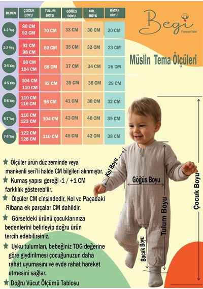 Begi Müslin Kumaş Uzun Kollu Çocuk Uyku Tulumu 1.5 Tog %100 Pamuk Mavi