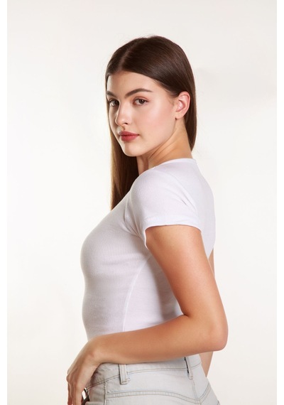 Mea Capio Kadın Basic Fitilli Likralı V Yaka Kollu Tshirt Atlet Bluz Beyaz
