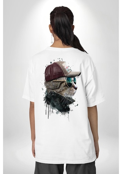 Pilot Çeketli Deri Şapkalı Cool Kedi Beyaz Oversize Unisex Ön Ve Sırt Baskılı Tişört Beyaz