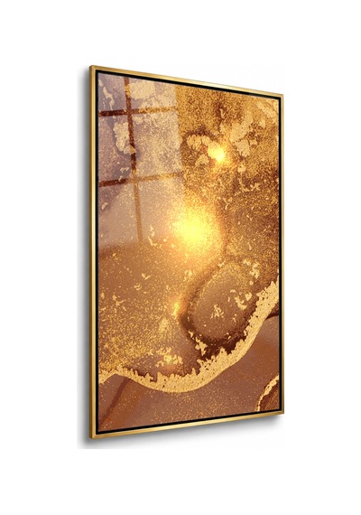 Kahve Karamel Altın Tozlu Doku Gold Çerçeveli Cam Tablo