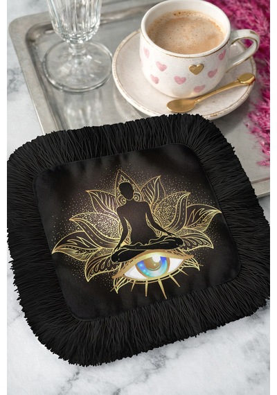 Lotus Meditasyon Saçaklı Sunum Peçetesi - Mistik Göz Harman Bohem Siyah Bardak Altlığı Mendil Çok Renkli