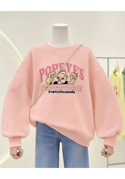Benroma 3 İplik Penye Popeyes Baskılı Unisex Sweatshırt Pembe