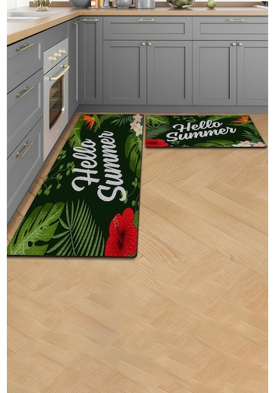 Valerine Life Hello Summer Mutfak Matı Halısı Yıkanır Kaymaz Taban Sıvı Geçirmez Tezgah Önü Paspas Yeşil