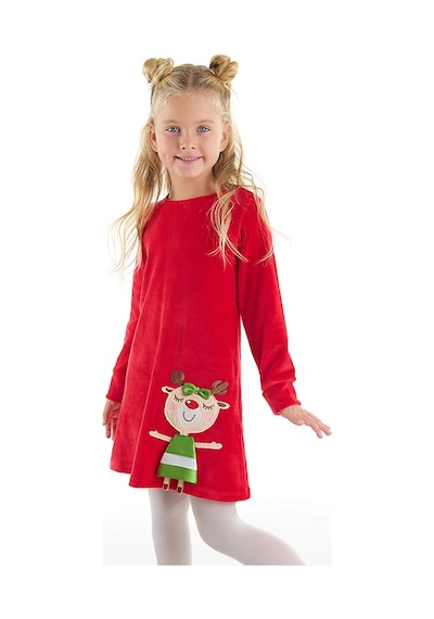 Denokids Yaramaz Geyik Kız Yılbaşı Kadife Kırmızı Elbise Kırmızı