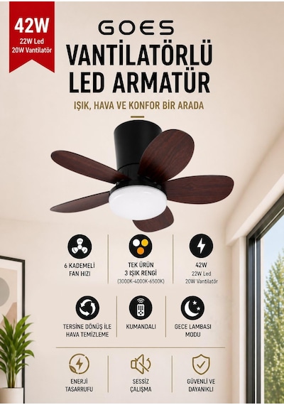 42w Tavan Vantilatörü Led Avize Armatür 64cm 5 Kanat 6 Kademeli Fan Ters Dönüş Ve Gece Lambası Modu Uzaktan Kuman