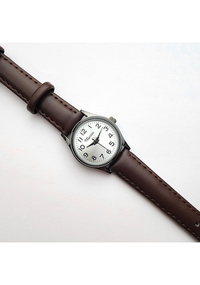 Retro Kadın Kol Saati, Vintage Tasarım, Klasik Tasarım, Siyah Kasa, Minimal Tasarım, Kayışlı Koyu Kahverengi Altın