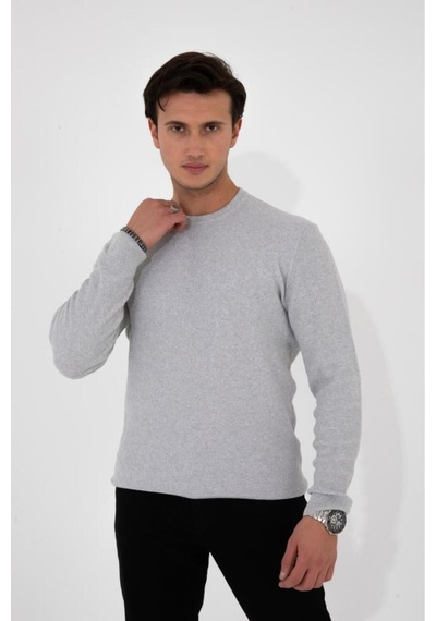 Erkek Gri Regular Fit Bisiklet Yaka %100 Pamuk Triko Kazak Hlthe012131