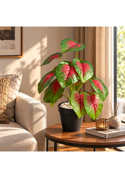Yapay Islak Doku Caladium Bitkisi 50cm Kırmızı Yeşil Saksılı