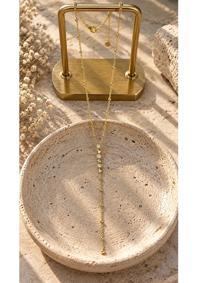 Premium Parlak Ve Şık Taş Sıralı Sallantılı Gold Renk Y Model Kadın Çelik Kolye 45 Cm Altın