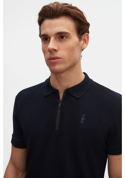 Twn Slim Fit Lacivert Pike Dokulu Yarım Fermuarlı Polo Yaka T-shirt 4ec14ortfrplo Lacivert