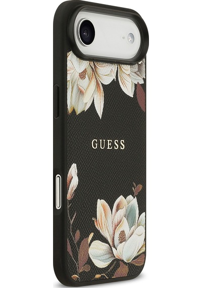Apple Uyumlu iPhone 17 Air Kılıf Guess Lisanslı M-safeli Taneli Çiçek Tasarımlı Metal Yazı Logolu Siyah Siyah