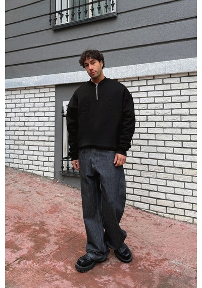 Flaw Nakışlı Half Zip Sweatshirt-28695 Sİyah