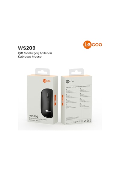 Lecoo WS209 Kablosuz 6 Tuşlu 1600DPI Çift Modlu Şarj Edilebilir Optik Mouse