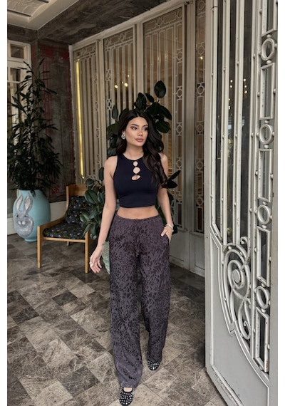 Kechi Woman Leopar Desenli Saten Pantolon Kahverengi