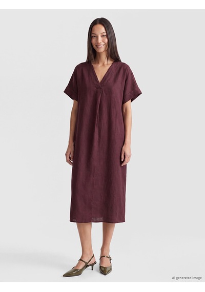Lcw Everyday Bordo V Yaka %100 Keten Elbise