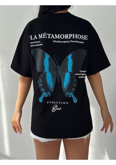 Flood Of Style Kadın Siyah Kelebek Oversize Bisiklet Yaka Tshirt