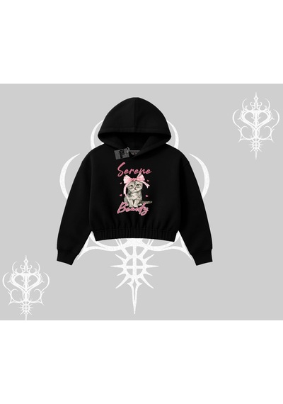 Startmore Serene Beauty Kedi Baskılı Kapşonlu Crop Sweatshirt Siyah