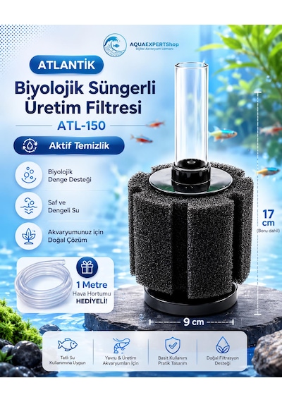 Atlantik Biyolojik Süngerli Üretim Filtresi - Temizlik Filtresi - Pipo Filtre - Aktif Temizlik - . 17x Cm - 1 Metre Hava Hortumu Hediye