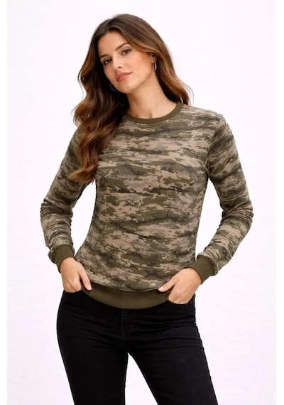 Kamuflaj Desenli 2 İplik 4 Mevsim Uzun Kollu Bisiklet Yaka Sweatshirt - Kamuflaj