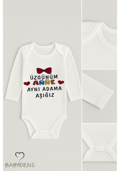 Babyden's Üzgünüm Anne Aynı Adama Aşığız Yazılı Uzun Kollu Çıtçıtlı Bebek Body Zıbın %100 Pamuk Unisex Body Beyaz