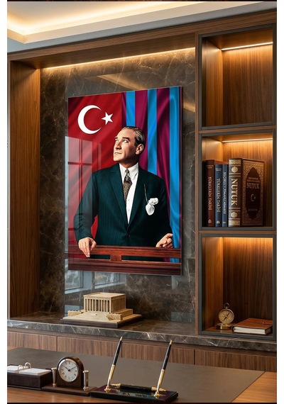 Kırılmaz Cam Tablo 5mm Kalın - Ev İşyeri Duvar Dekorasyonu Atatürk Bordo Mavi Takım - Mustafa Kemal Portre Şık Klasik Salon Yatak Odası Temperli Uv Baskılı Hediyelik
