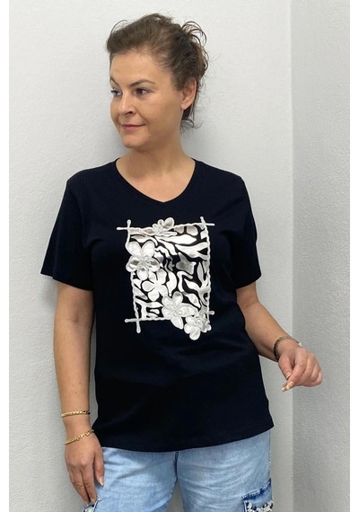 Kadın Siyah Gümüş Baskılı Tshirt Siyah