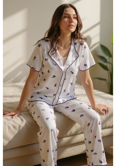 Bella Notte Romantik Pamuklu Lale Desenli Dantel Detaylı Yazlık Pijama Takımı Mor
