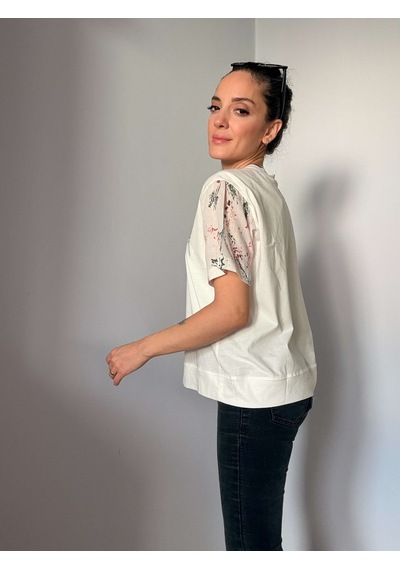 Ali Butik Ekru Flower Baskılı Tişört Ekru