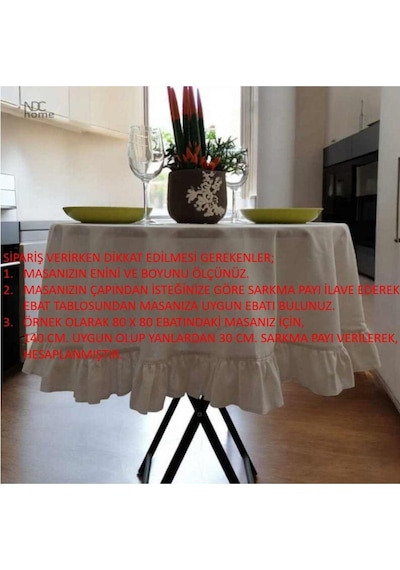 Dnc Home Tekstil  Ham Keten Krem Fırfırlı Yuvarlak Masa Örtüsü 001