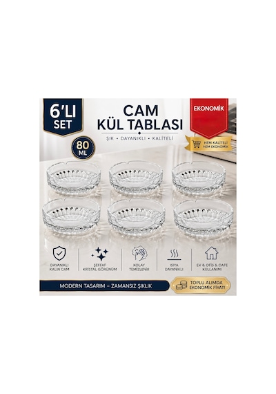 6 Lı Cam Kül Tablası Seti,şeffaf Kristal Görünümlü Dekoratif Ekonomik Şık Küllük,80 Ml