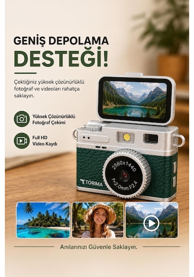 Mini Dijital Kamera 2k Flip Ekranlı Selfie Video Vlog Kamerası Cmr49 Koyu Yeşil Haki