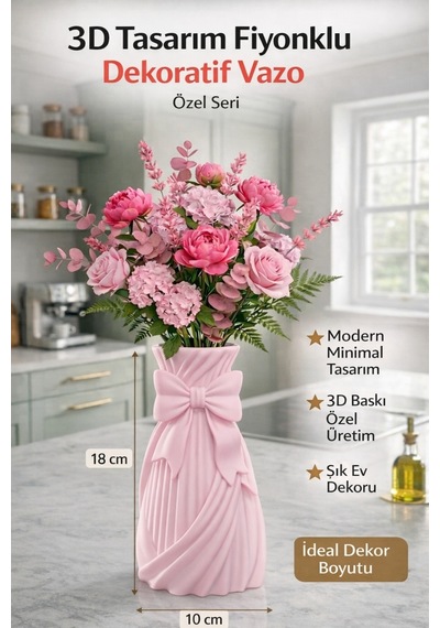 3d Tasarım Fiyonklu Dekoratif Vazo Modern Minimal Ev Dekoru 18x10 Pembe