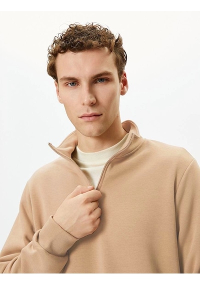 Erkek 3 İplik Pamuklu Uzun Kol Yarım Farmuarlı Yakalı Sweatshirt - Bej