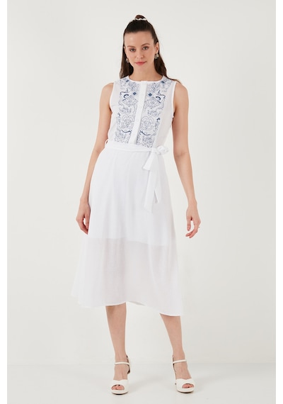 Lela Nakışlı Regular Fit Kolsuz Midi Bayan Elbise 611El00959 Ekru-Indigo
