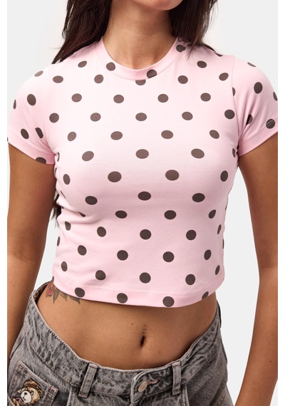 Kadın Pembe Puantiyeli S6-98 Crop Fit T-shirt