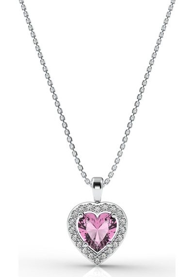 925 Ayar Pembe Taşlı Rodyum Pırlanta Görünümlü Kalp Gümüş Kolye Rn10308 Gümüş